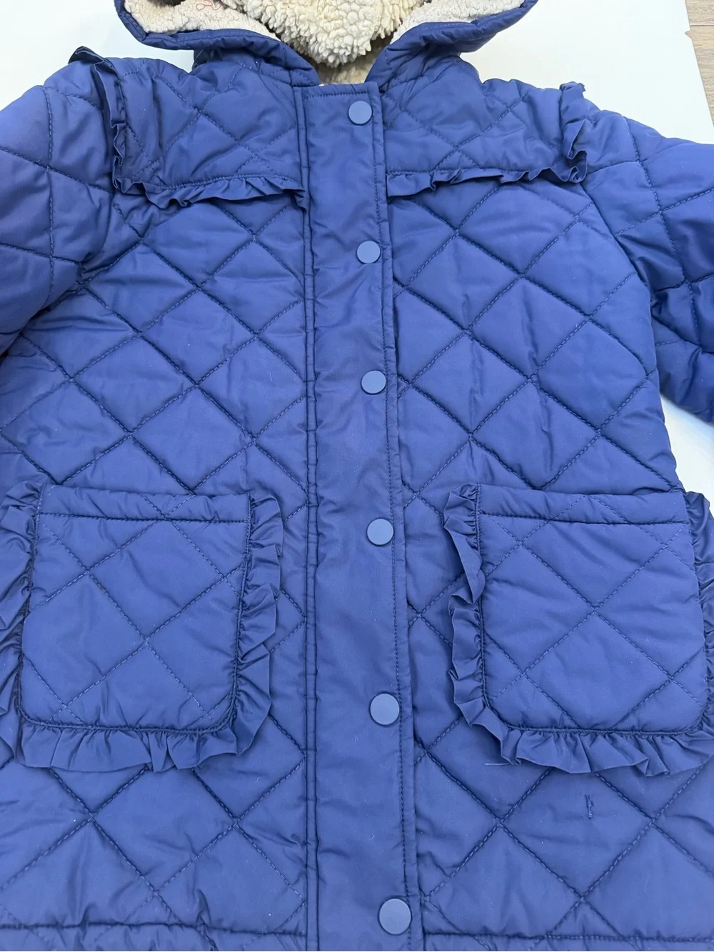 Mini Boden Quilted Blue Hooded Sherpa lined  Navy Coat size 8/9